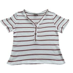 Paper Crane Junior's Crop Top White Maroon Stripes Waffle Knit Buttons Large